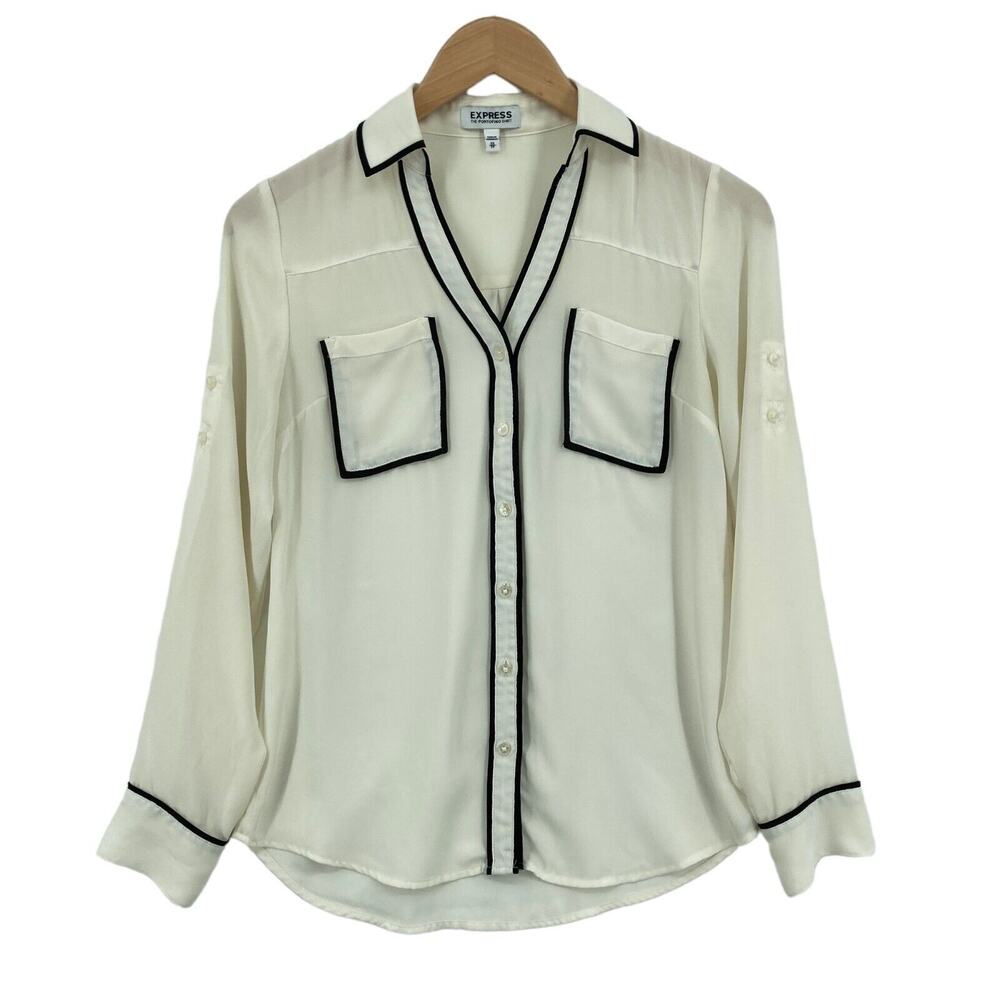 Express Women's Cream Roll Tab Sleeve Collared V-Neck Button-Down Shirt Size XS